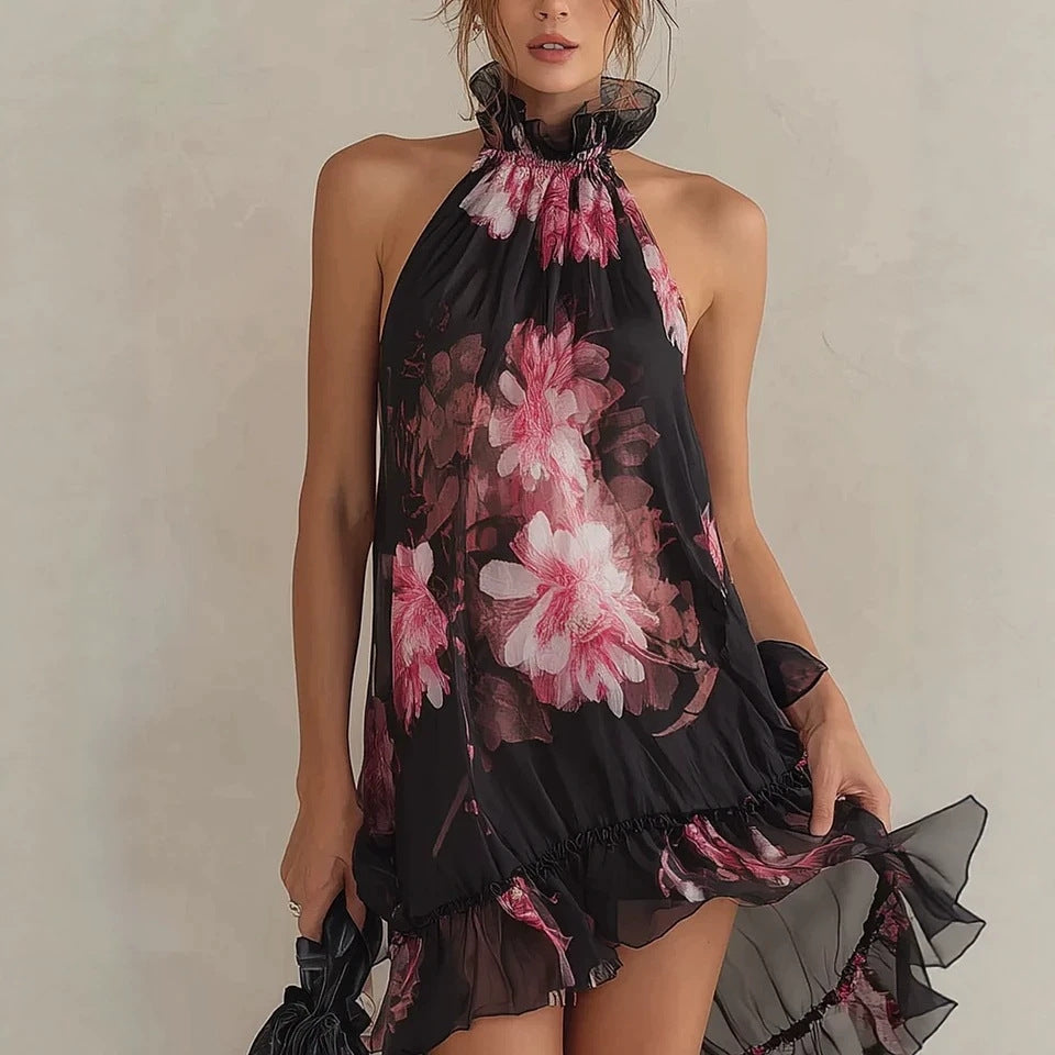 Summer New Women's Chiffon Printed Off-Shoulder Sexy Dress 