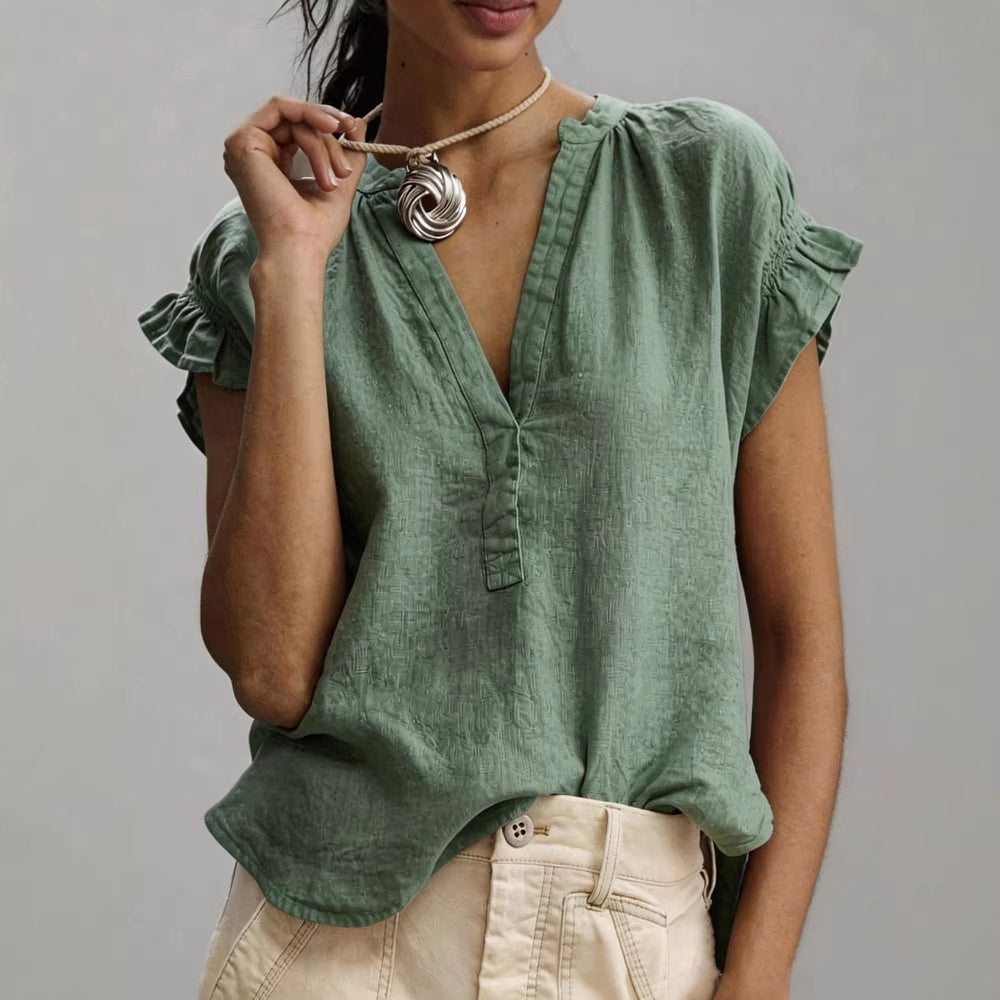 Women's Casual V-Neck Short-Sleeve Solid Color Cotton-Linen Top 