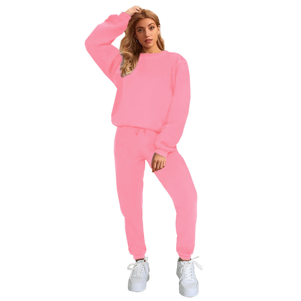 👚 Women's Solid Color Round Neck Pullover Sweatshirt & Pants Set FitiqueFit