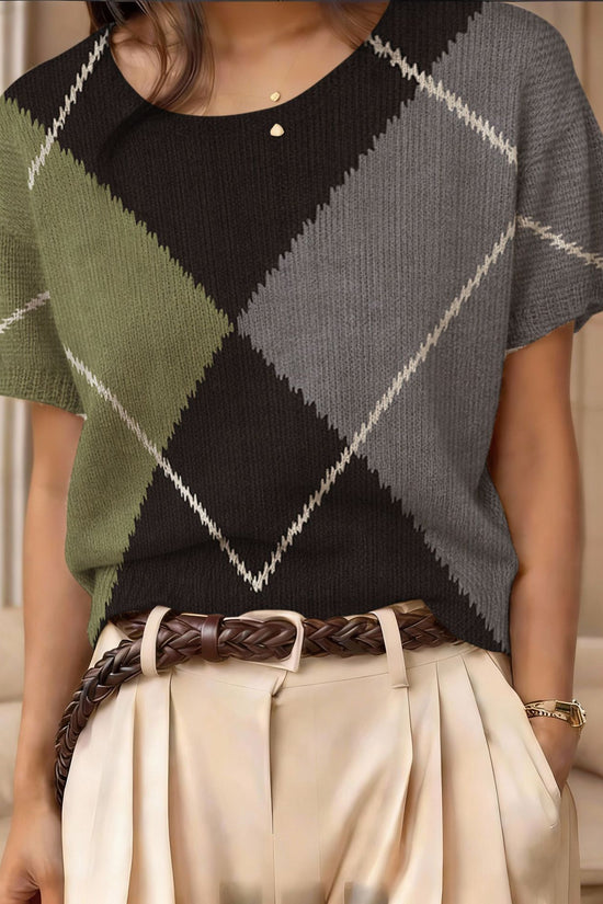Retro Short-Sleeve Sweater Contrast-Color Jacquard Knit Top 
