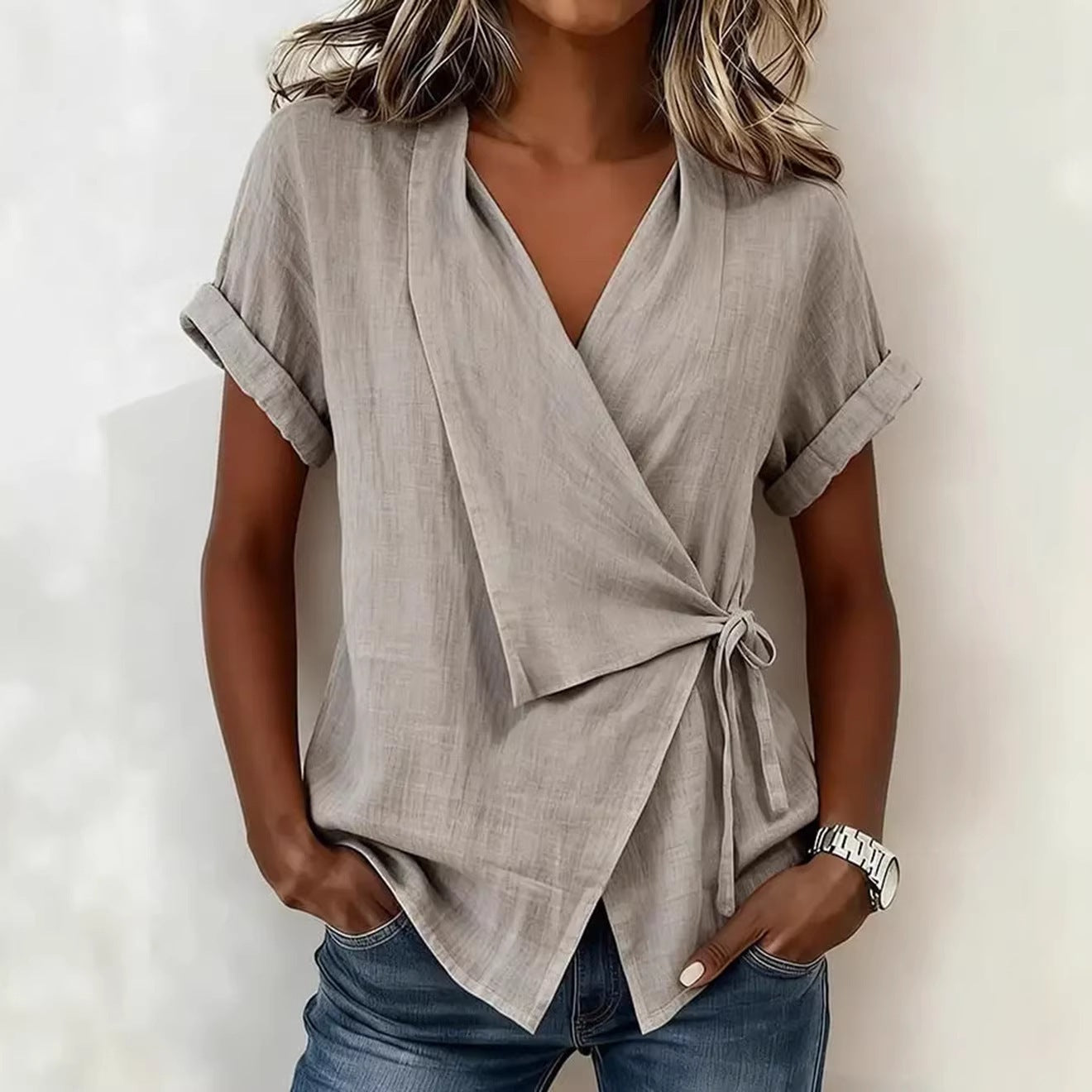 Women's Casual Lapel Collar Lace-Up Short-Sleeve Top 