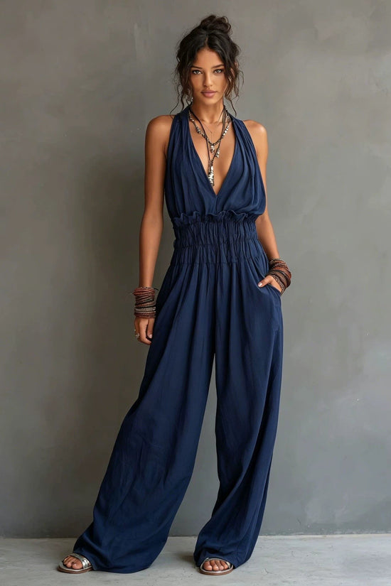 Strap-style V-neck Sleeveless Waist-cinching One-piece Suit 