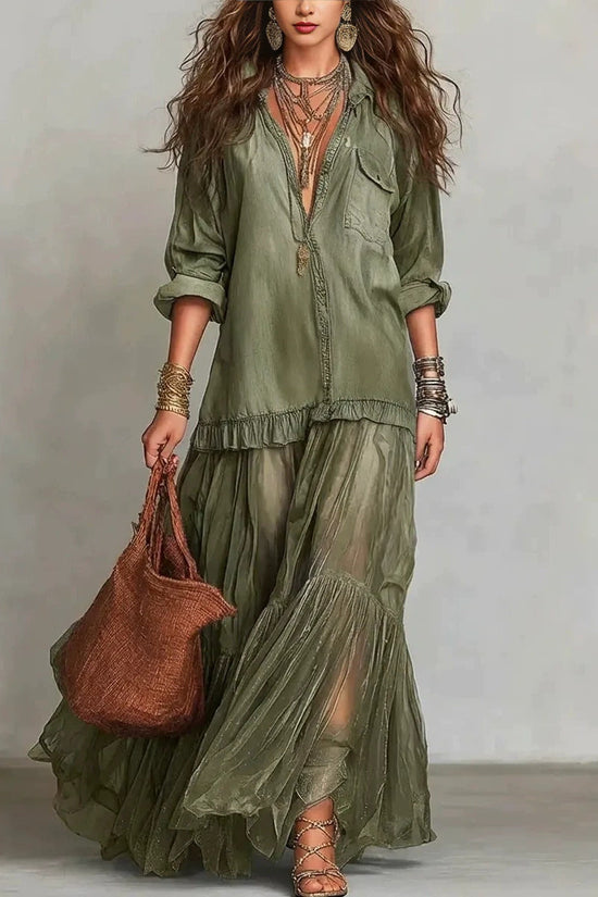 Vintage Denim-like Long Dress Casual Style 