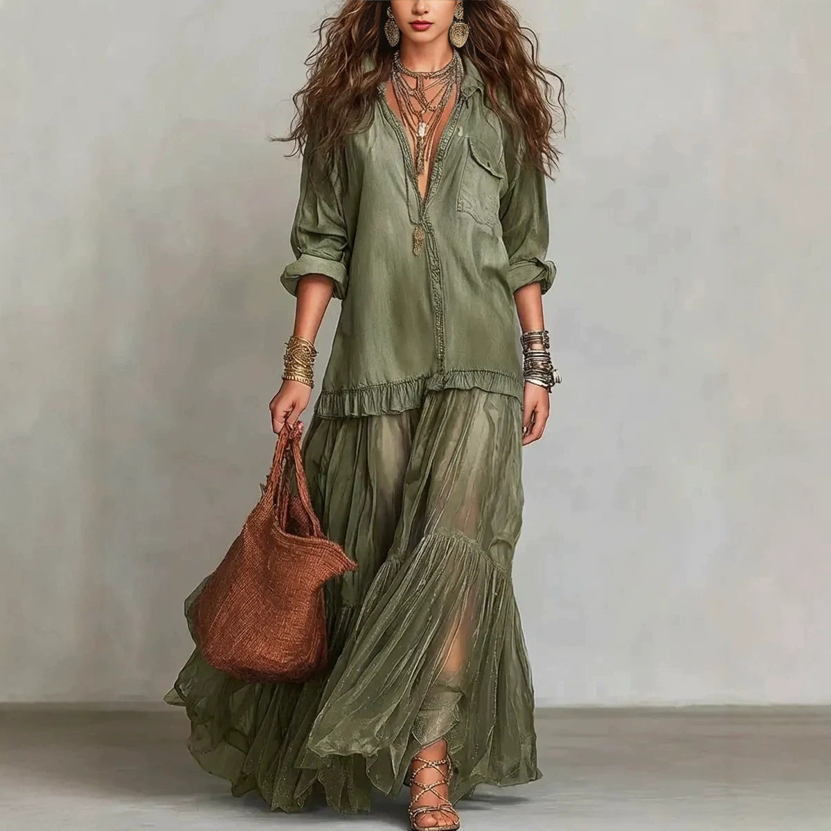 Vintage Denim-like Long Dress Casual Style 
