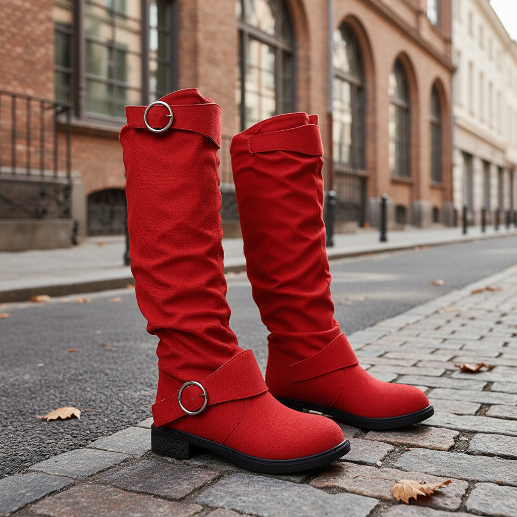 Pleated Flat-bottom Western Cowboy Boots For Women With Belt Buckle 