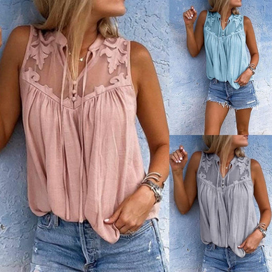 Chiffon Patchwork Lace V-Neck Sleeveless Shirt 