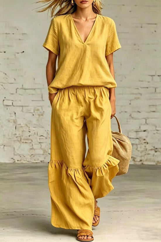 Womens Casual Solid Color V-Neck Loose Short-Sleeve Pants Set 