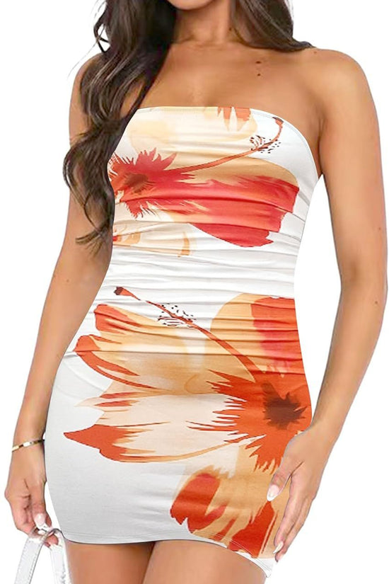 🌸 Women's Tube Top Printed Pleated Pullover Hip Wrap Short Dress FitiqueFit