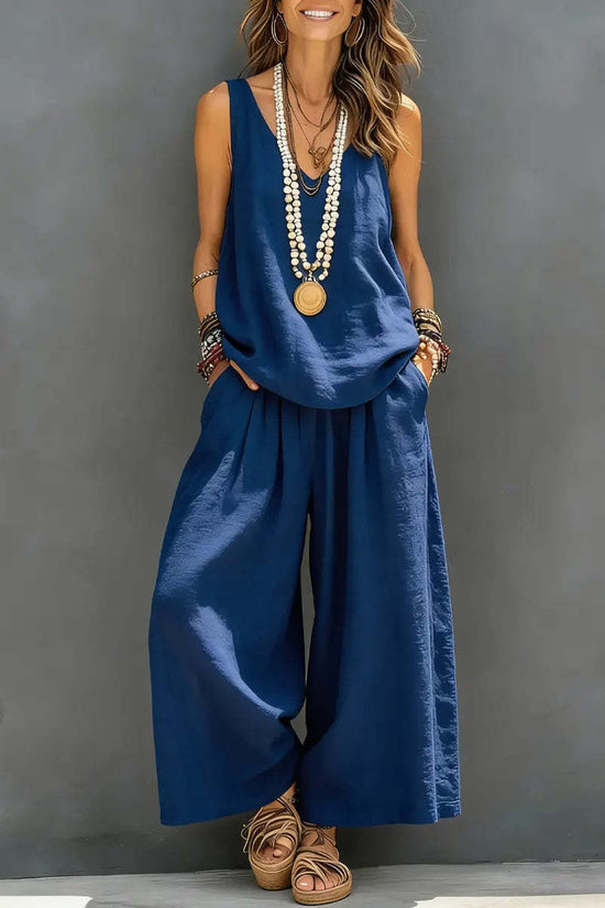 Womens Solid-Colored Casual Sleeveless Tank Top And Wide-Leg Pants Cotton-Linen Set 