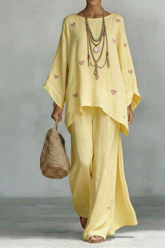 Women's Floral Print Linen Wide-Leg Two-Piece Set 