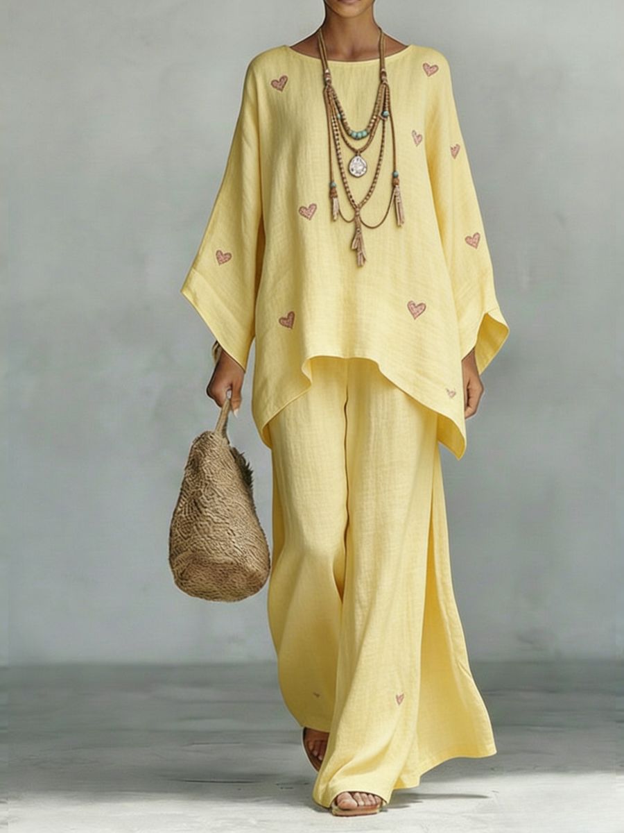 Women's Floral Print Linen Wide-Leg Two-Piece Set 