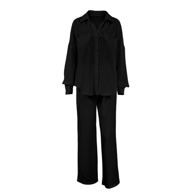 Women's Casual Solid Color Lounge Set - Loose Fit Long Sleeve Top & Pants With Chest Pockets Comfortable Home Wear CJ US