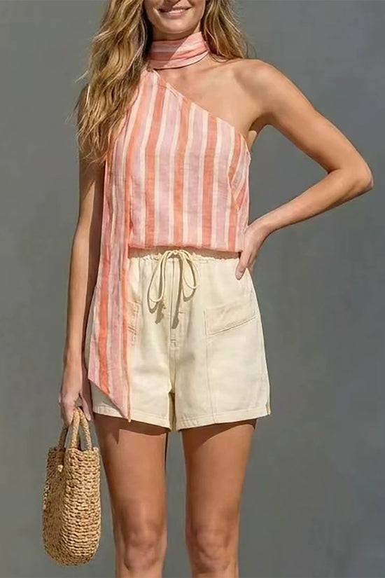 Single shoulder striped printed top Bohemian casual 