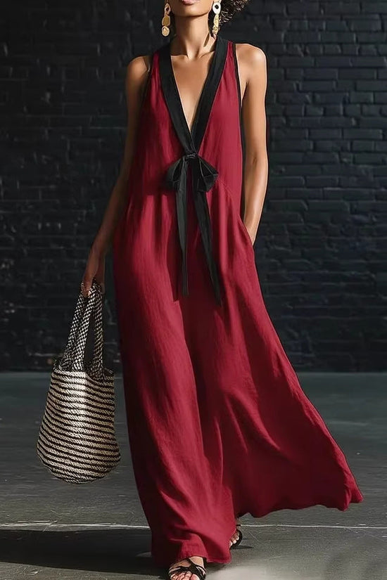 V-neck Strapless Sleeveless Resort-Style Long Simple Elegant Dress 