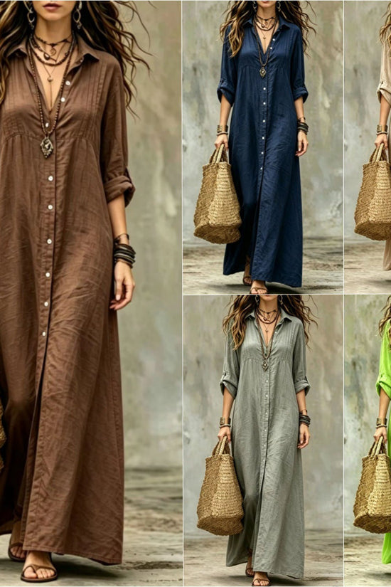 Shirt-collar Floor-length Casual Simple Long Dress 