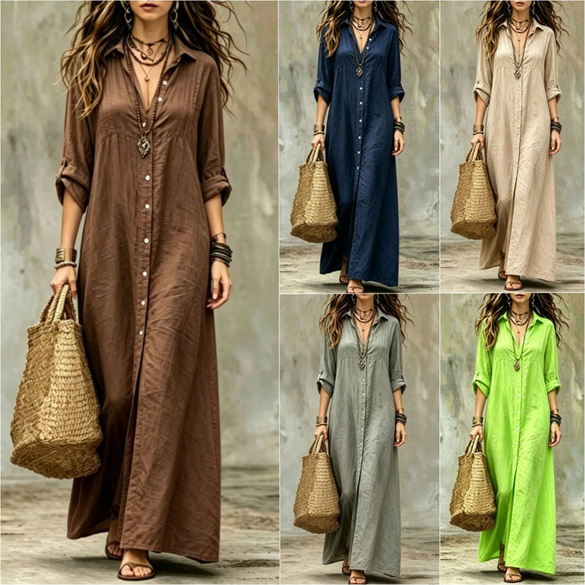 Shirt-collar Floor-length Casual Simple Long Dress 