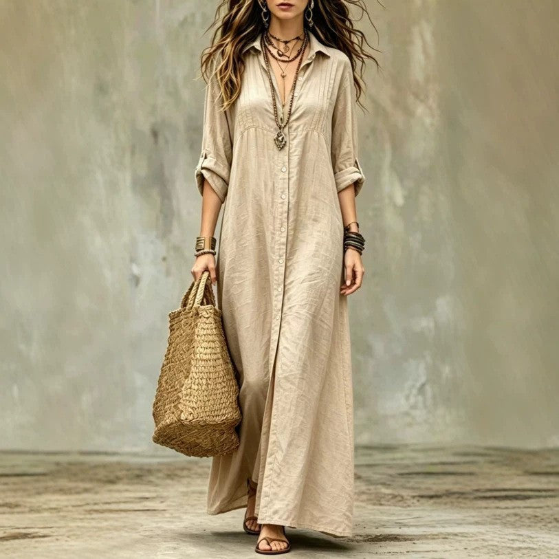 Shirt-collar Floor-length Casual Simple Long Dress 