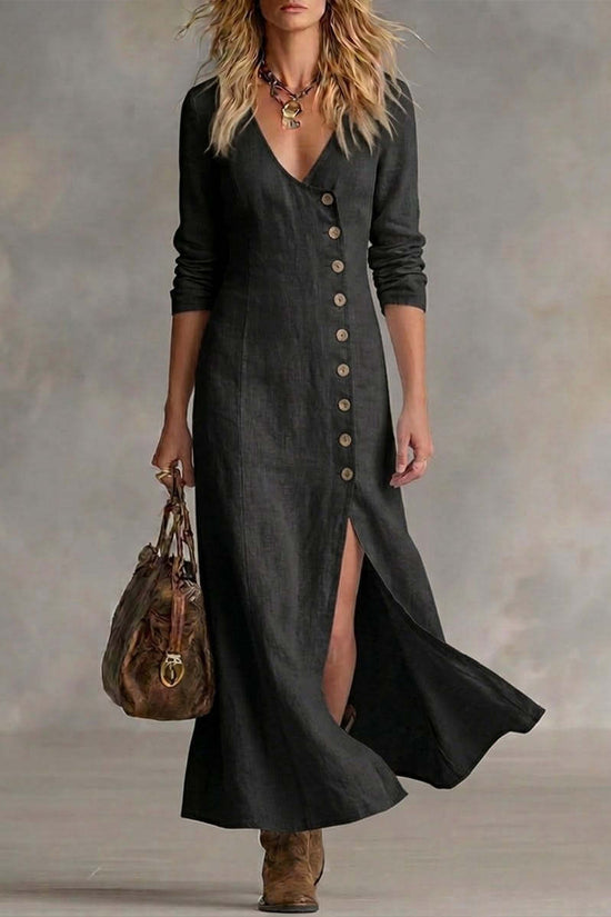 Fashionable Casual Cotton-Linen Long-Sleeve Womens Dress 