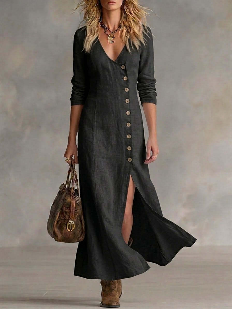 Fashionable Casual Cotton-Linen Long-Sleeve Womens Dress 