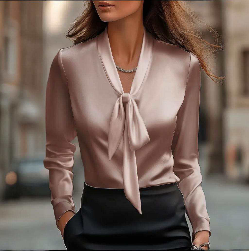 Elegant Satin Ribbon Blouse — Long Sleeve Button-Down Work Shirt CJ US