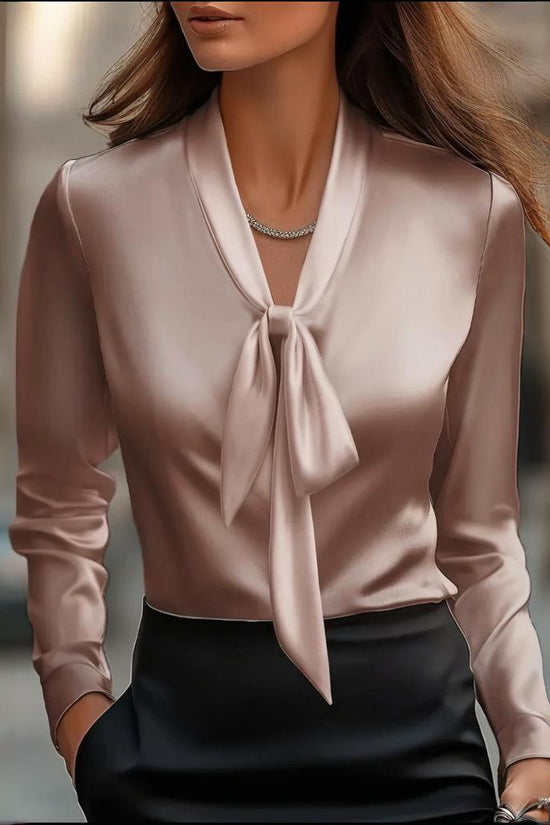Elegant Satin Ribbon Blouse — Long Sleeve Button-Down Work Shirt CJ US