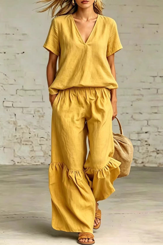 Womens Casual Solid Color V-Neck Loose Short-Sleeve Pants Set 