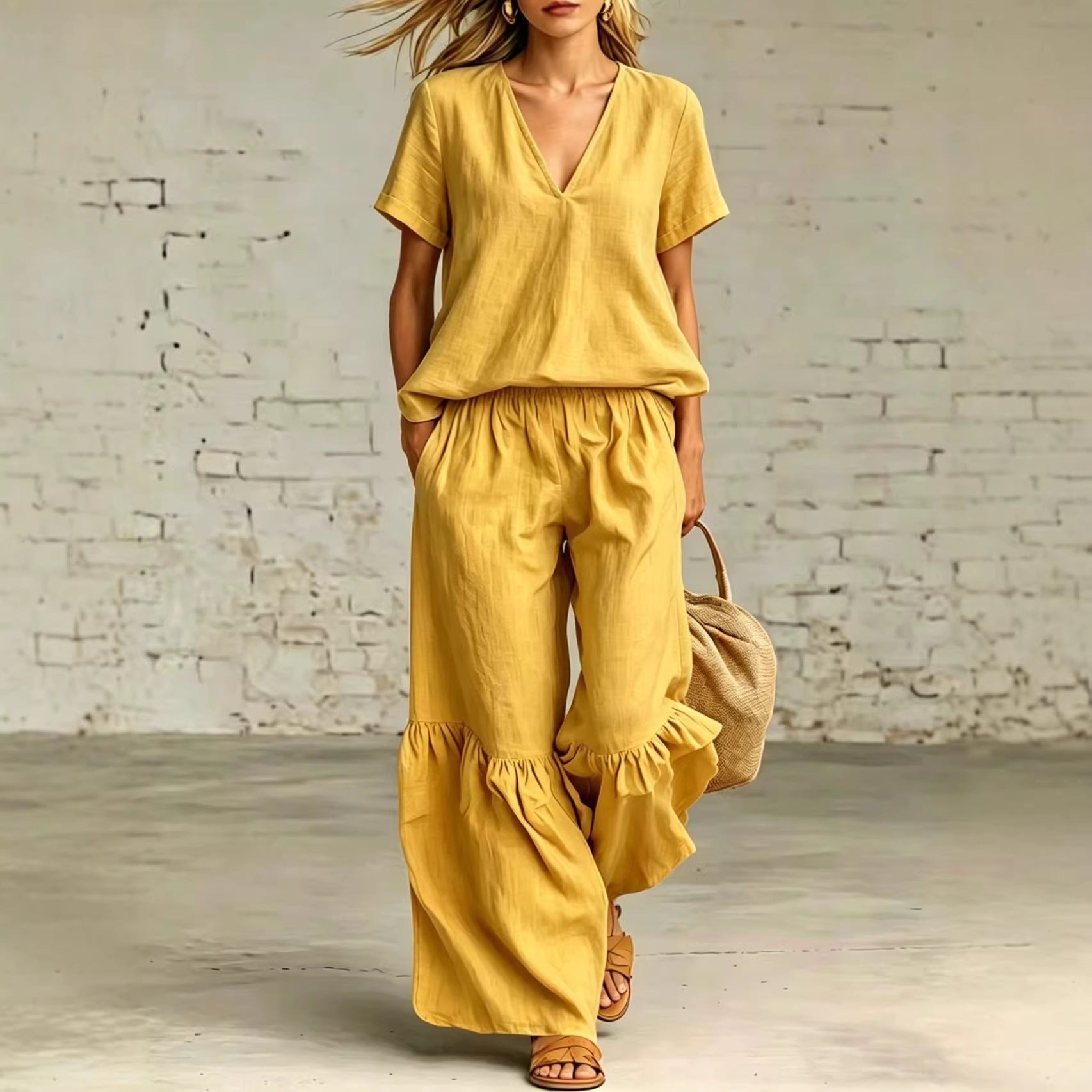 Womens Casual Solid Color V-Neck Loose Short-Sleeve Pants Set 