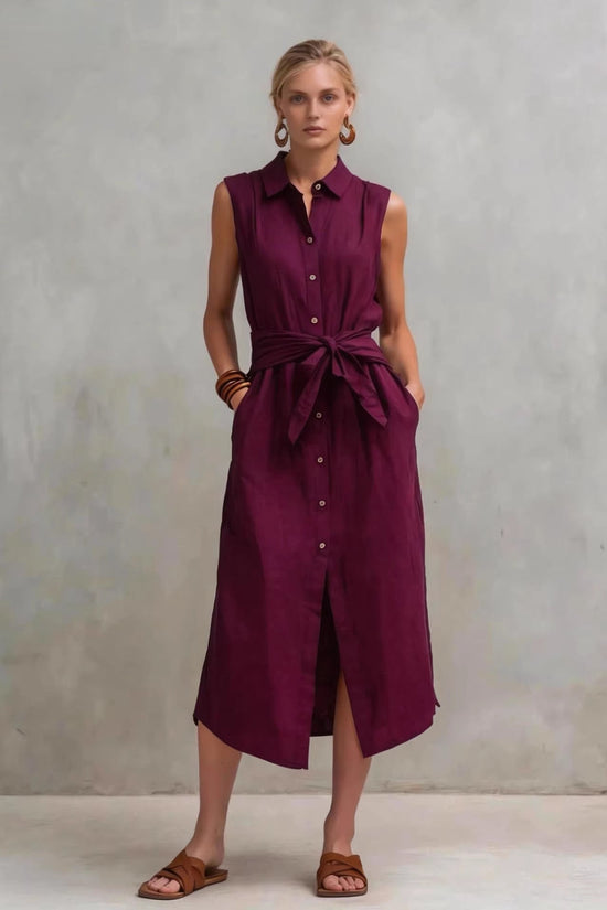 Casual Cotton-Linen Bag-Style Solid-Colored Sleeveless Dress 