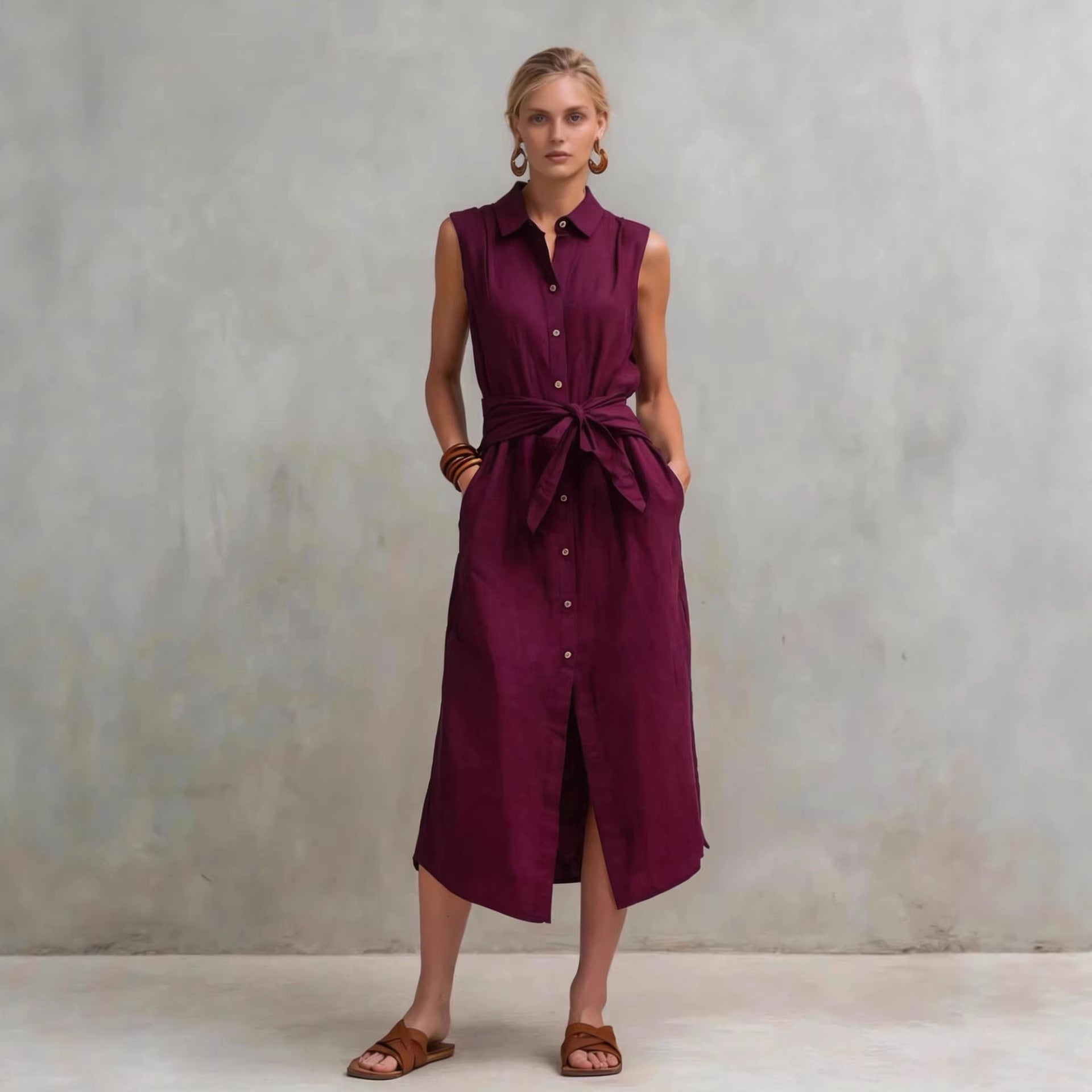 Casual Cotton-Linen Bag-Style Solid-Colored Sleeveless Dress 