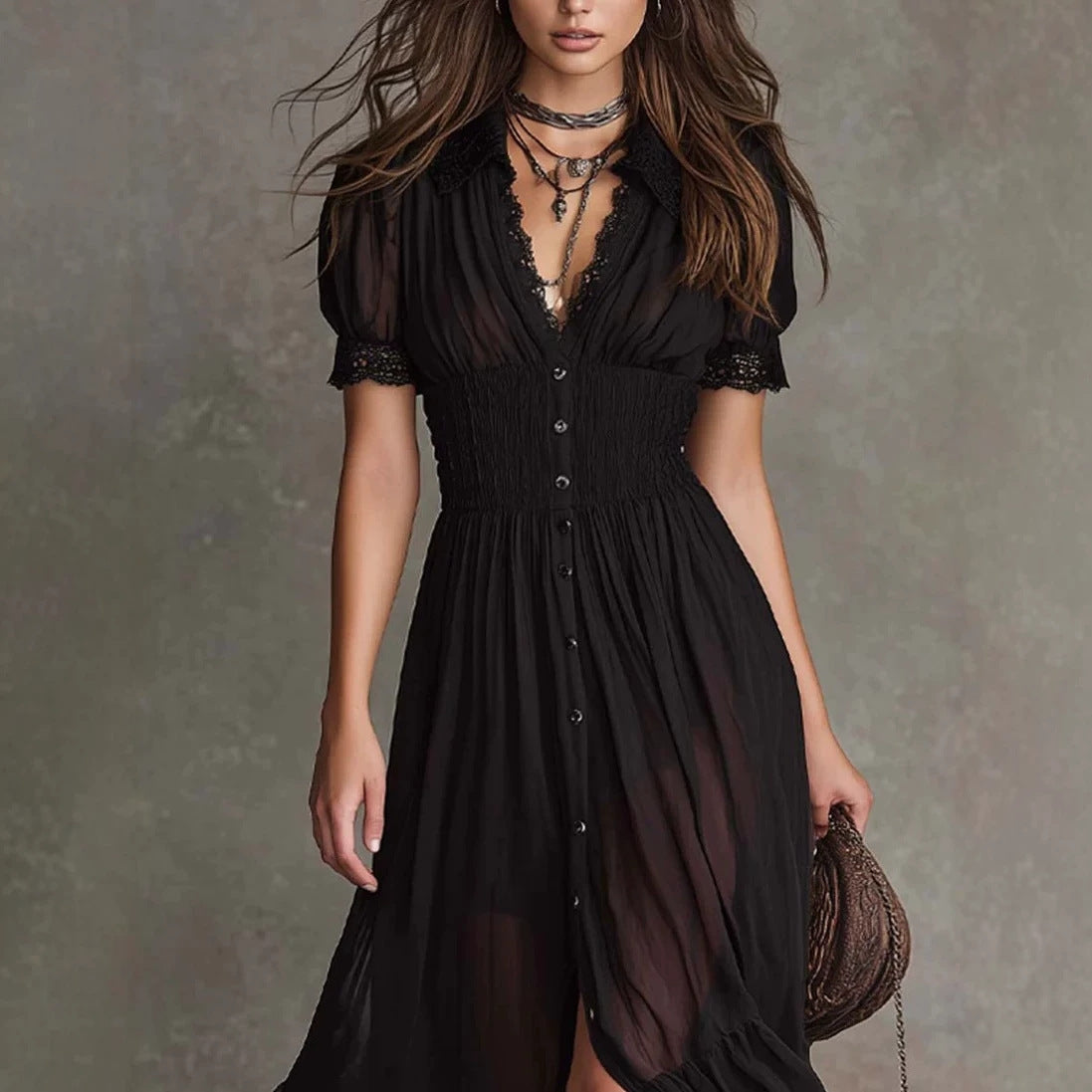 Cropped V-Neck Shirt Dress with Ruffled Hem and Side Slit, Dark Chic Style, Body-Con Fit, Long Skirt 