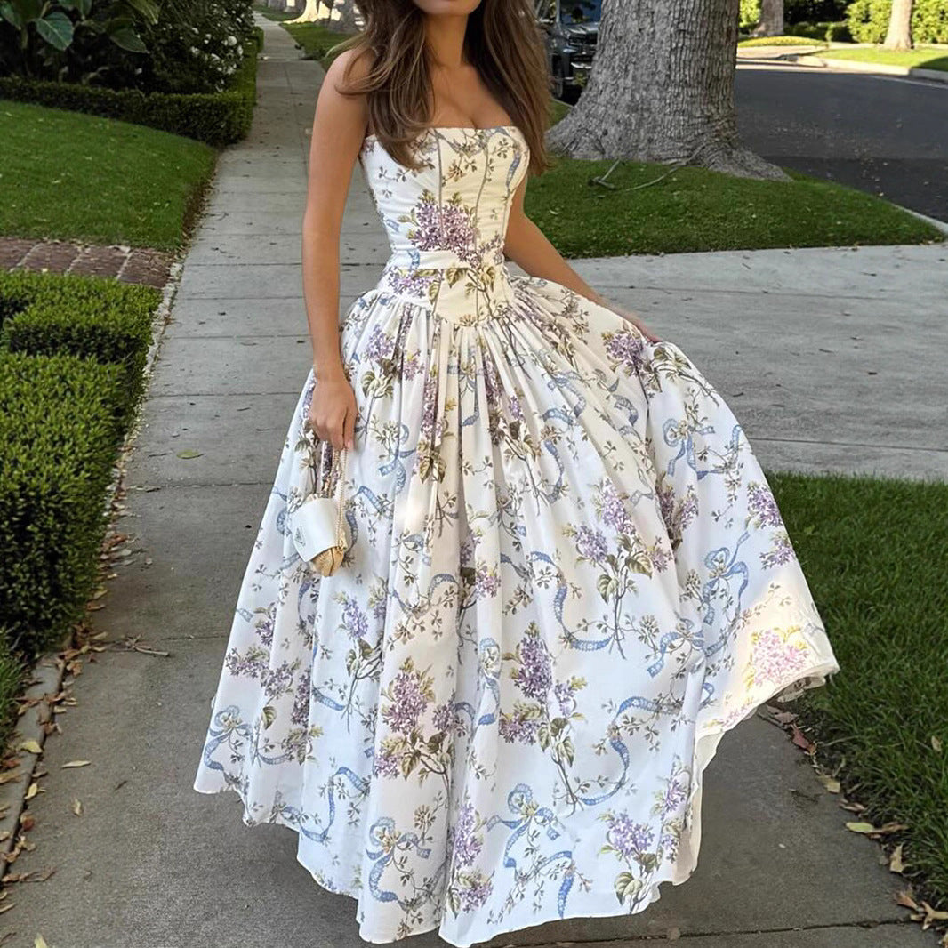 Sexy Printed Strapless Dress Summer Fitted Backless Long Dress Elegant High-End Style Beautiful Summer Dress 