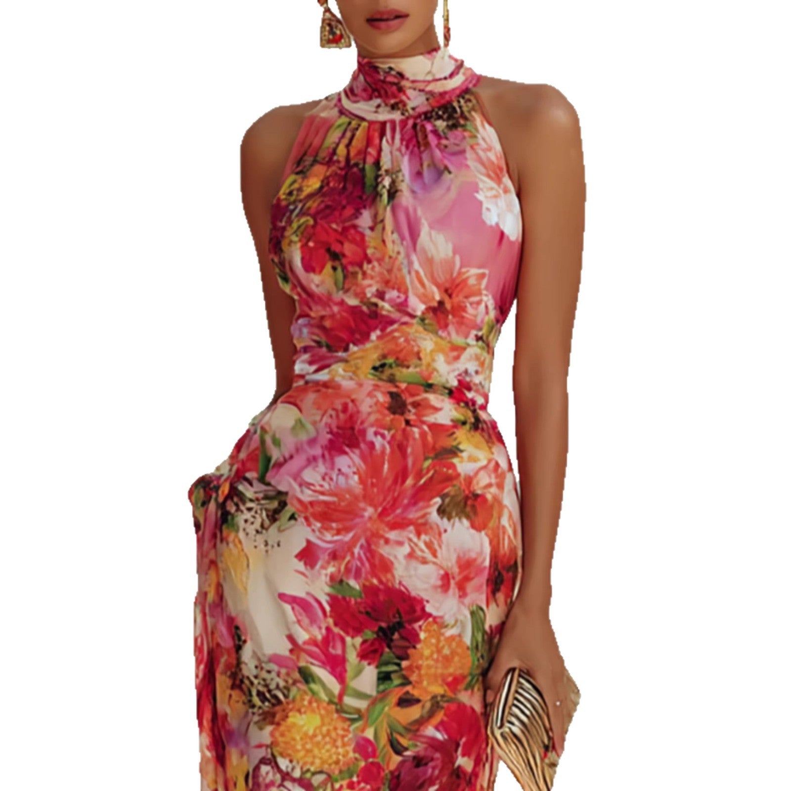 Elegant Floral Strapless Sleeveless Fitted Chiffon Dress 