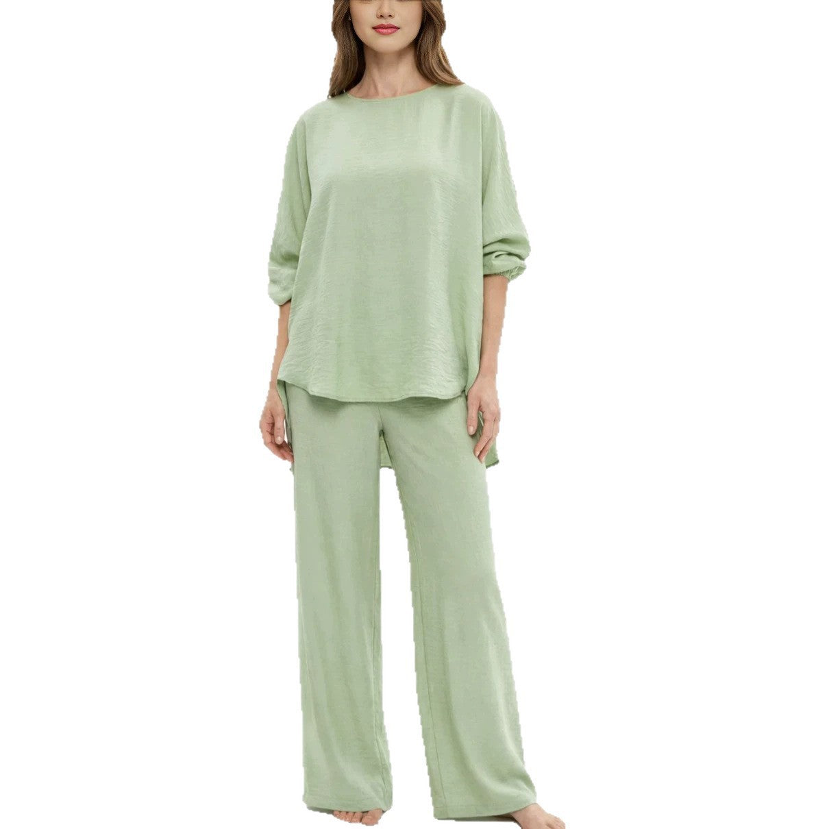 Solid color loose casual suit wide leg pants two-piece set 