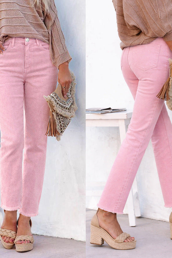Straight Leg Ankle-Length White Raw Hem Denim Pants T Casual Wear 