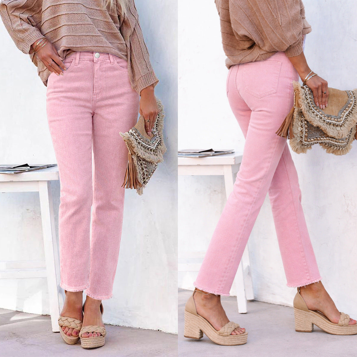Straight Leg Ankle-Length White Raw Hem Denim Pants T Casual Wear 
