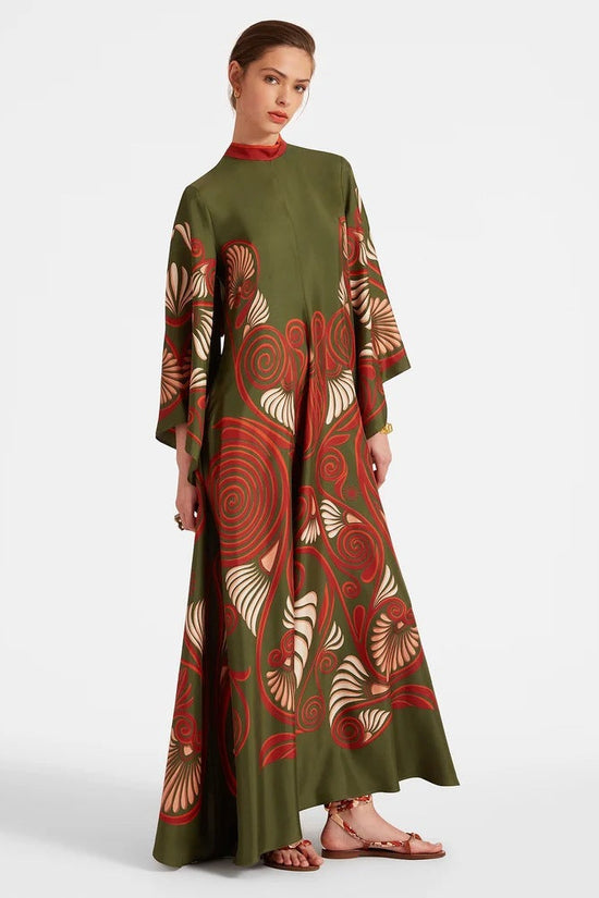 New European and American Summer Printed Seven Sleeve Stand up Collar Dress 