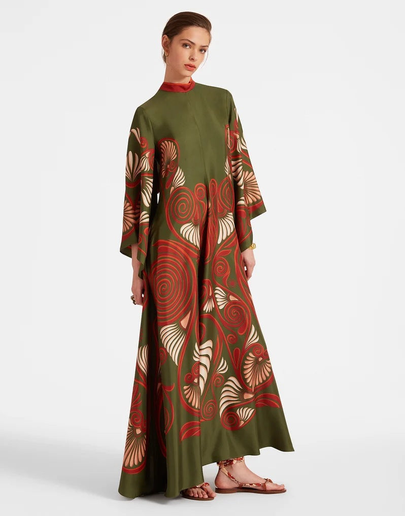 New European and American Summer Printed Seven Sleeve Stand up Collar Dress 