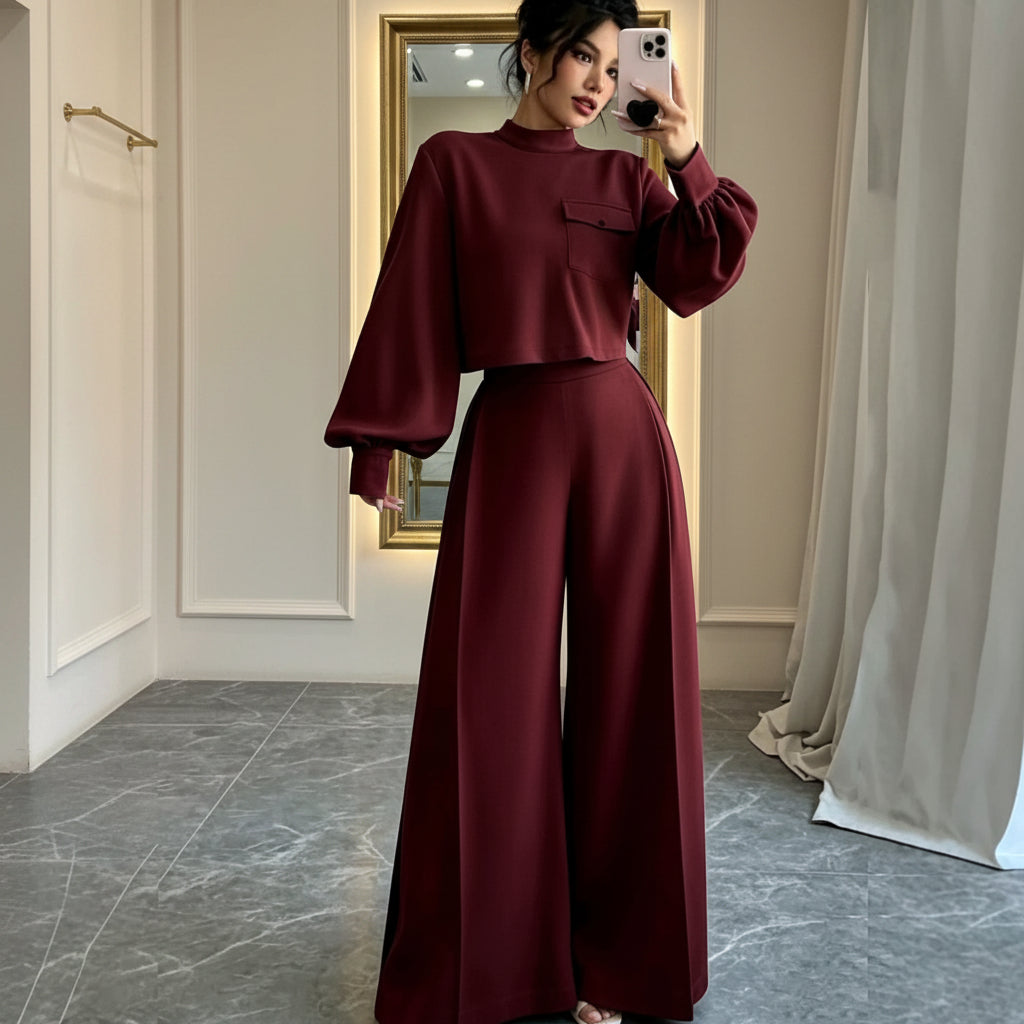 Solid color wide leg pants set for women 