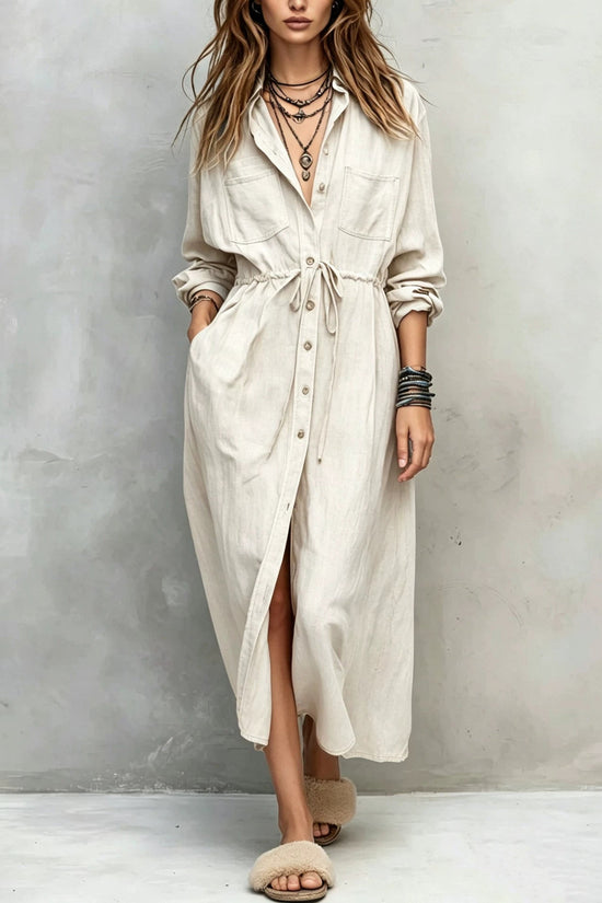 Spring and Autumn Casual Drawstring Waist Shirt Dress Loose Style for Women 