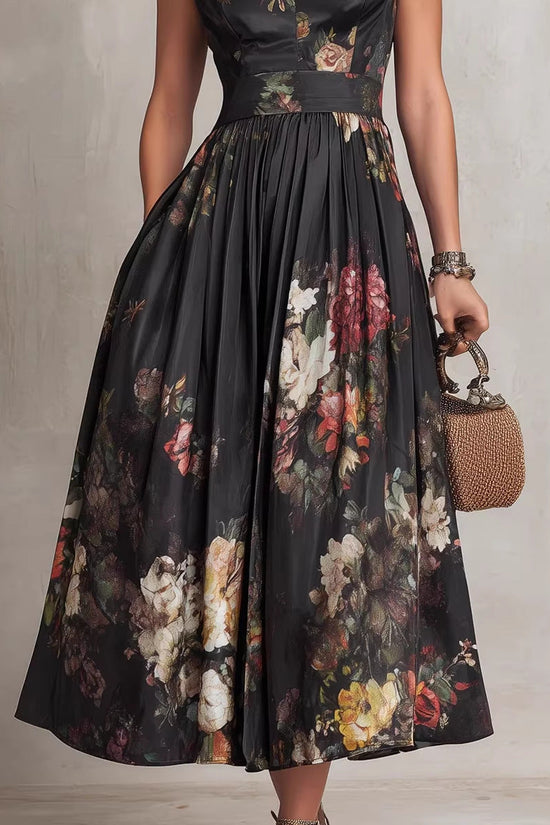 Sleeveless black digital printed long skirt 