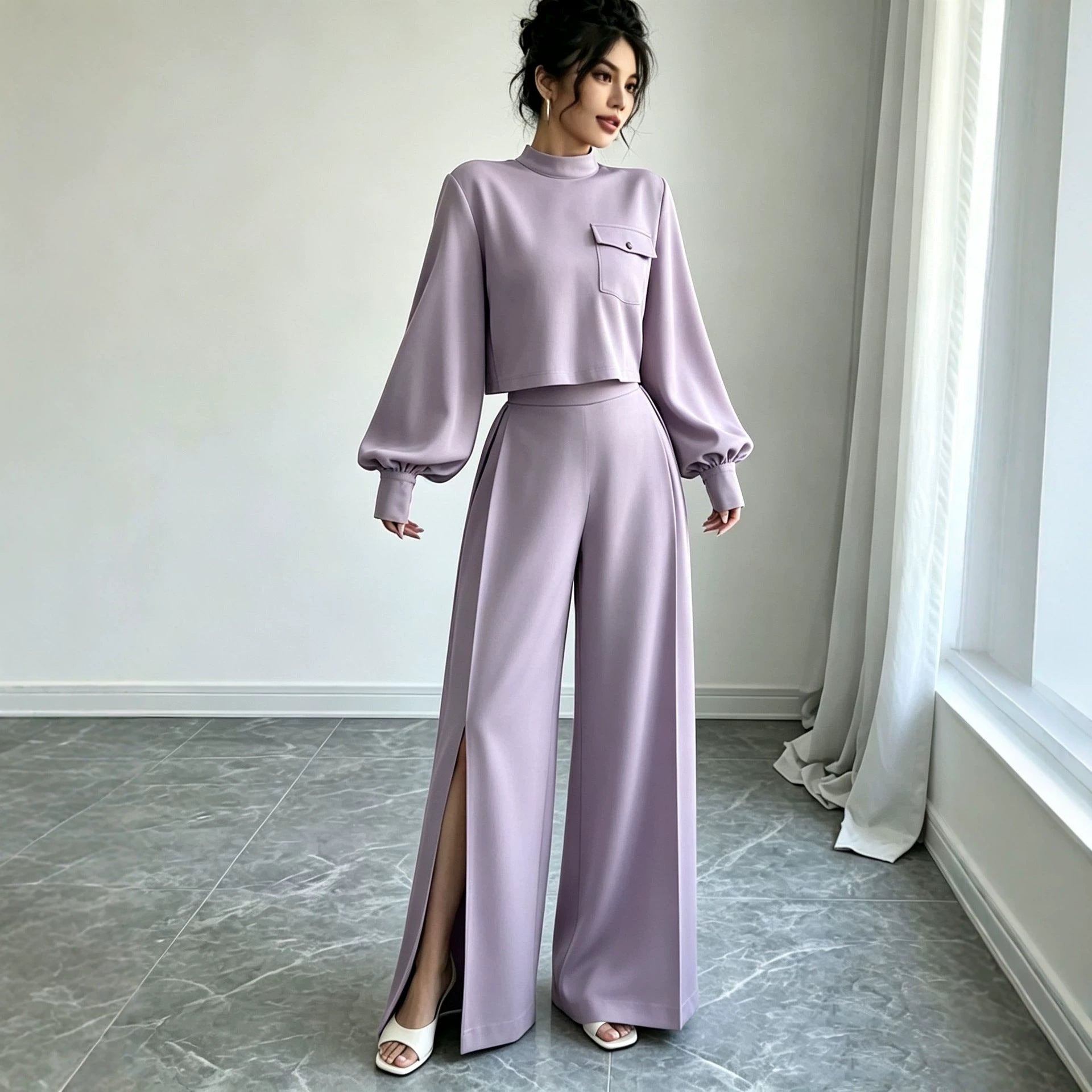 Solid color wide leg pants set for women 