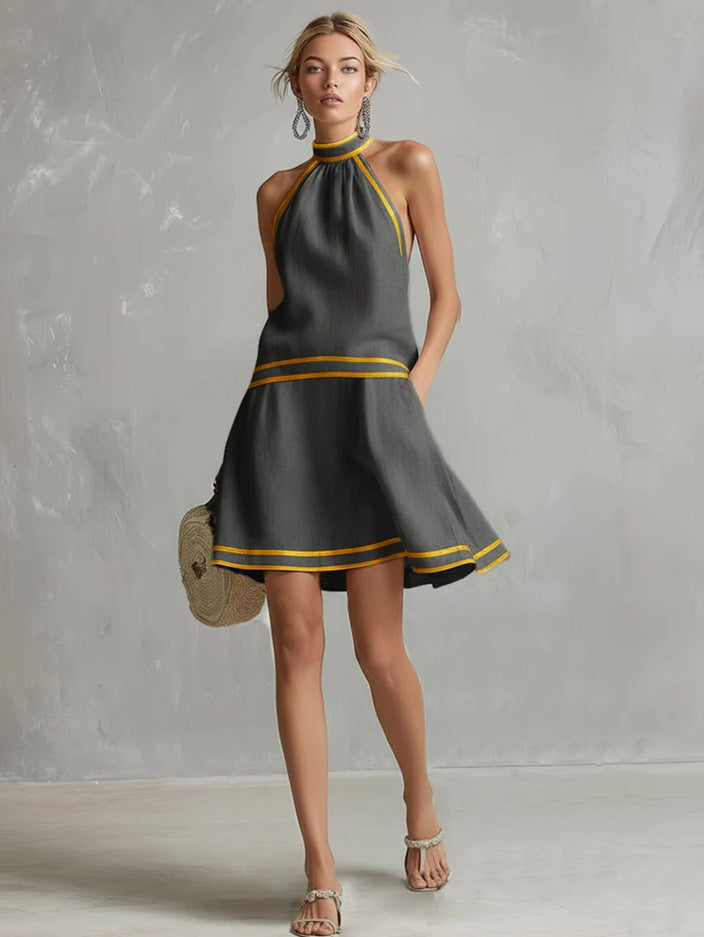 Choker Neck Fashion Short Dress with Striped Trim, Comfortable Sleeveless Fitted Dress 