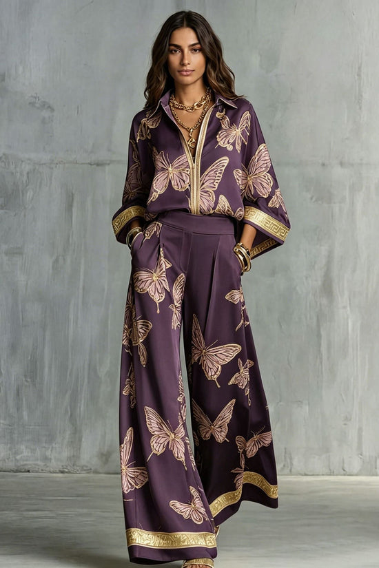 Style Women's Retro Printed Sexy Deep V Neck Loose Zipper Top with Wide Leg Pants Two-Piece Set 