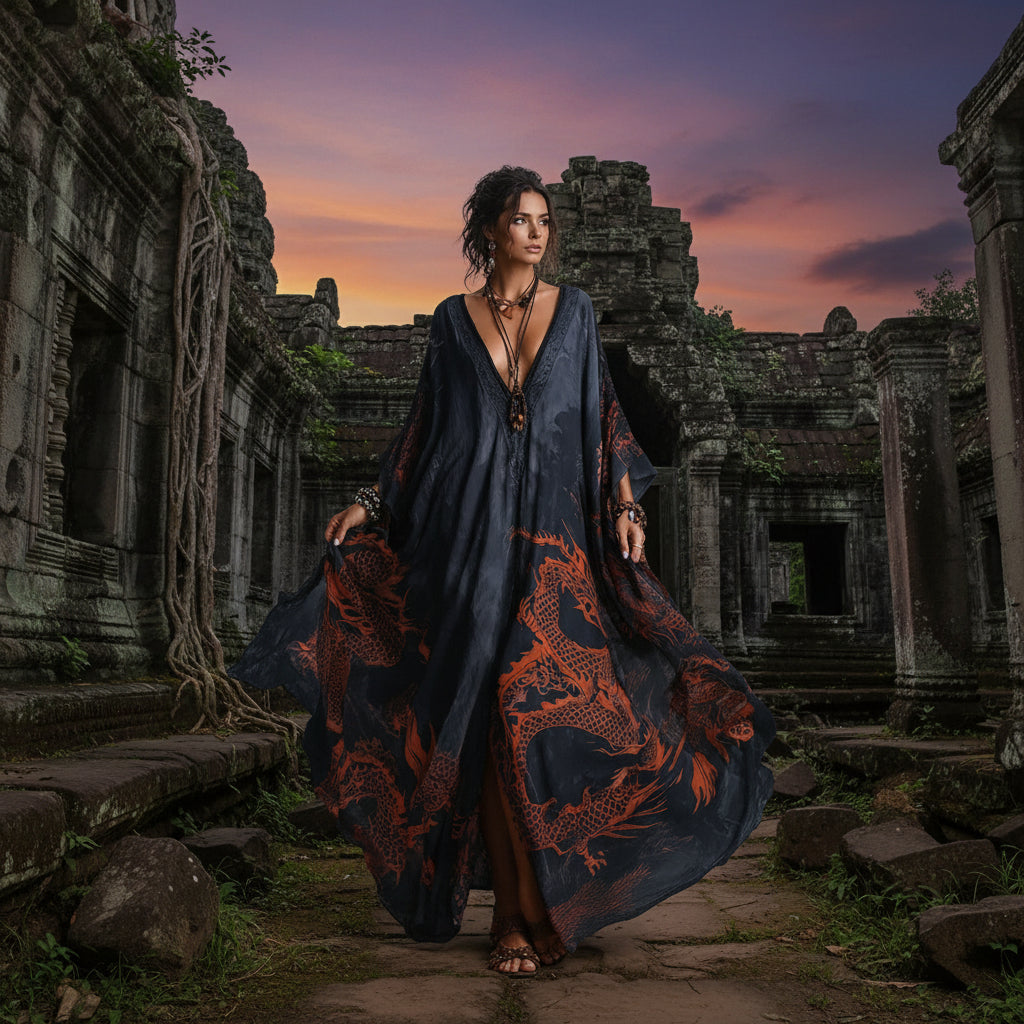Dragon print beach vacation long dress outerwear 