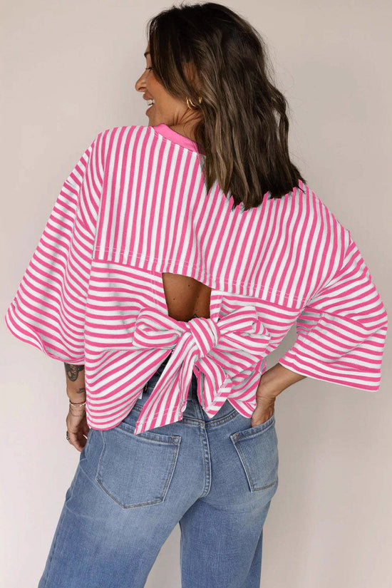 Round neck striped back tie bow pullover top 
