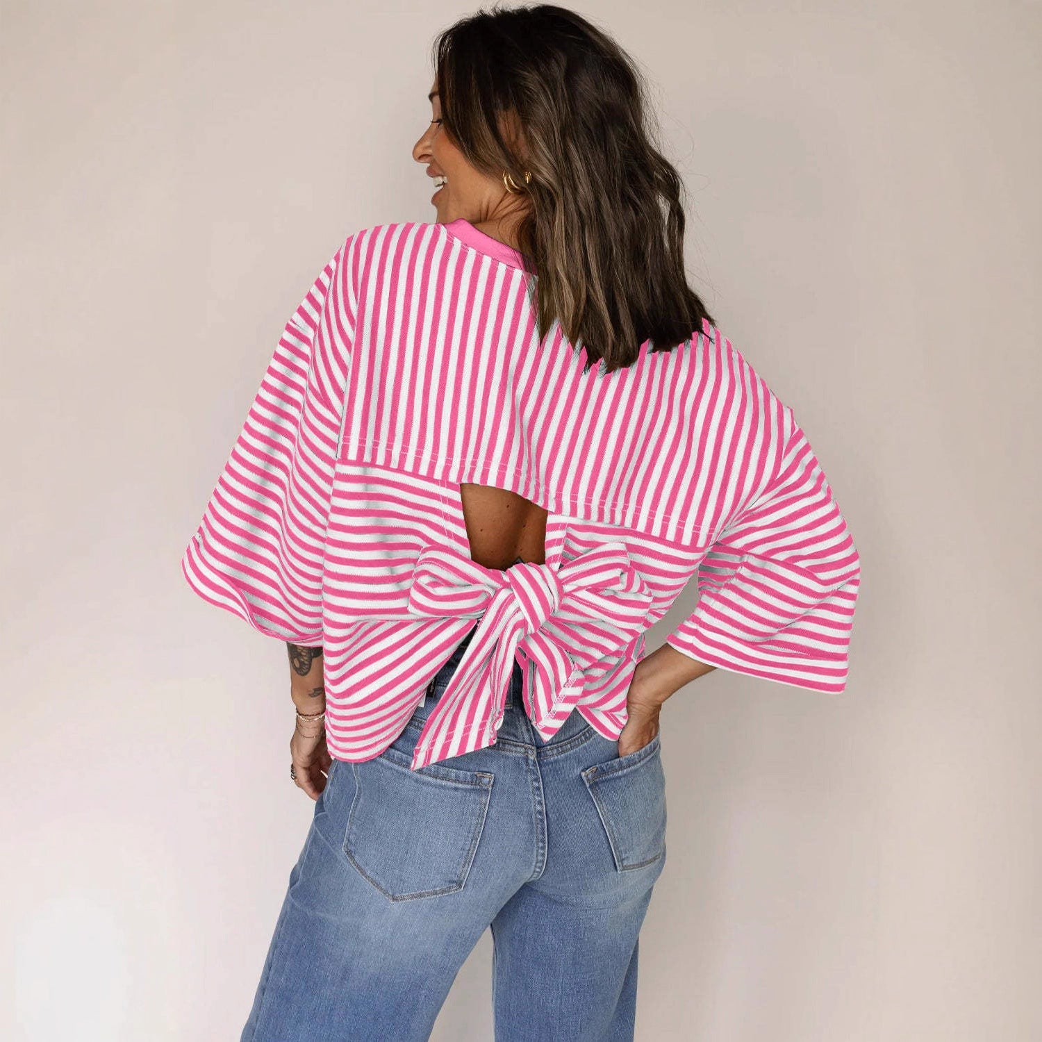Round neck striped back tie bow pullover top 