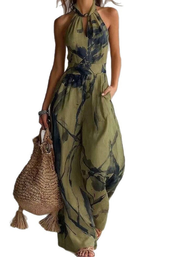 New halter backless jumpsuit, blue and white tie-dye wide-leg pants, summer beach women's wear 