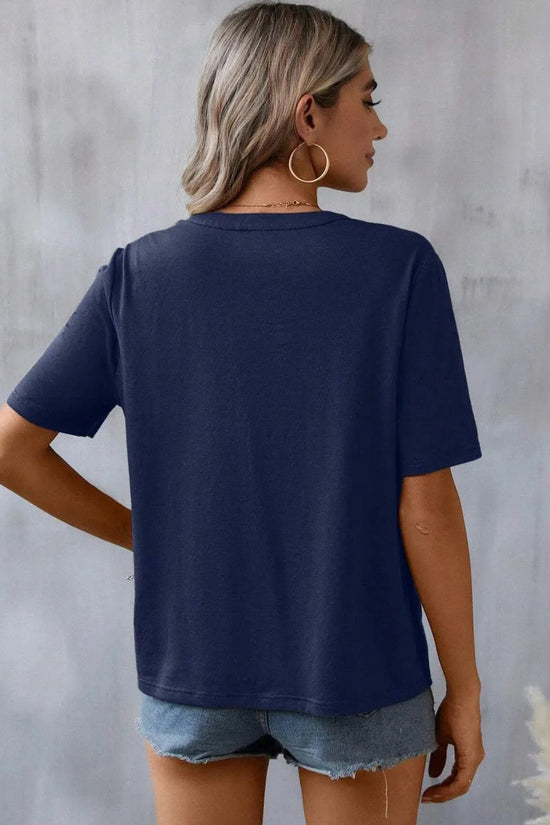 Embroidered Notched Short Sleeve T-Shirt 