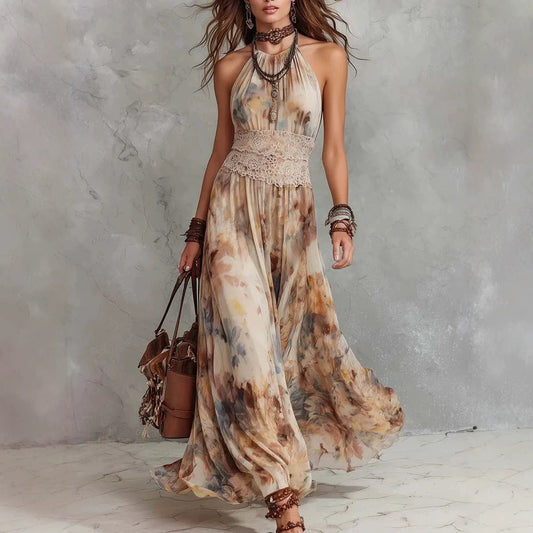 French Vintage Painted Floral Backless Strapless Summer Beach Vacation Long Dress 
