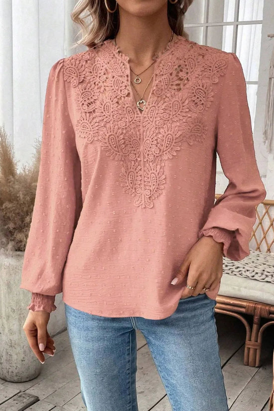 Swiss Dot Lace Detail Notched Long Sleeve Blouse 
